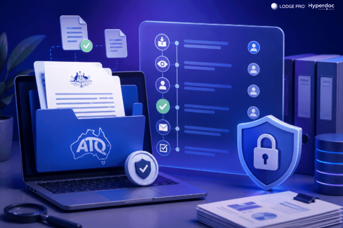 Automated ATO document workflow showing retrieval review approval and client delivery